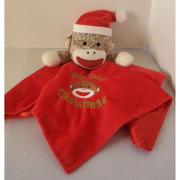 Baby Starters Security Blanket Sock Monkey My First Christmas Plush Lovey Rattle - Picture 2 of 10